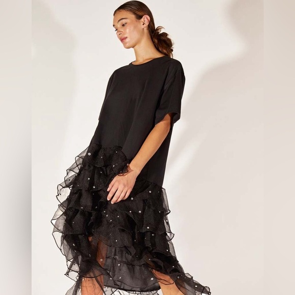 NEW Cynthia Rowley Fete Ruffle Tee Dress Size Small Black Rhinestone Party NWOT - Picture 2 of 9